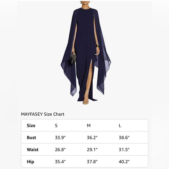 Evening Gown Chiffon Cape Sleeve Maxi Dress Slit Dark Blue Size Large NWOT - Picture 12 of 14